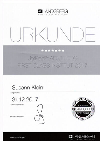 Auszeichnung Alster Kosmetik JetPeel Gesichtsbehandlung Susann Klein Hamburg